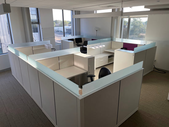 Picture of Herman miller canvas cubicle system with white and purple panels