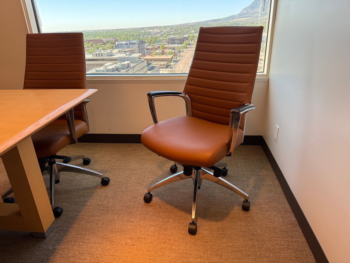Steelcase 8' x 42" Maple Conference Table w/ 6 Global Accord Chairs in Brown Leather
