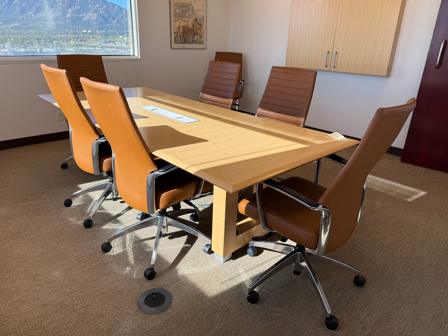Steelcase 8' x 42" Maple Conference Table w/ 6 Global Accord Chairs in Brown Leather
