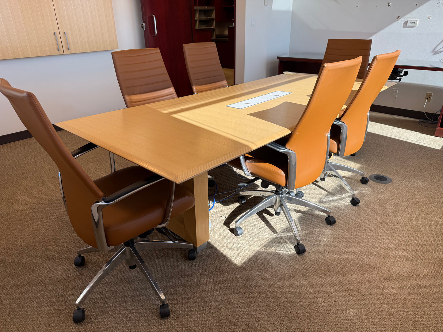 Steelcase 8' x 42" Maple Conference Table w/ 6 Global Accord Chairs in Brown Leather