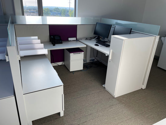 Load image into Gallery viewer, Picture of Herman miller canvas cubicle system with white and purple panels
