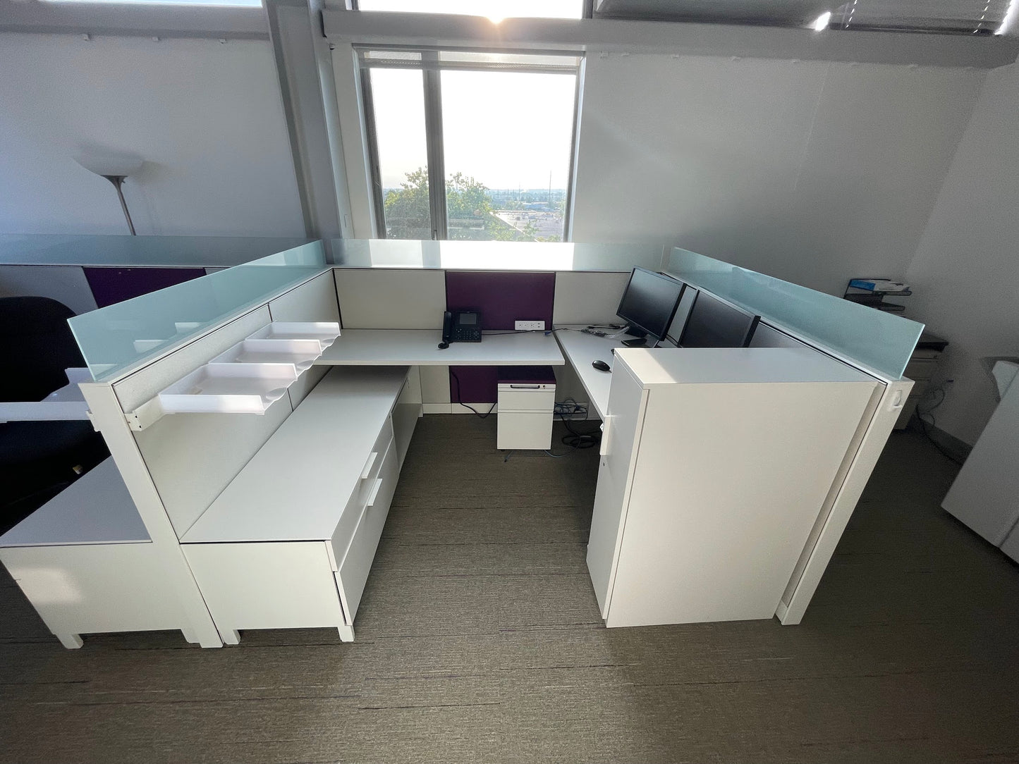 Load image into Gallery viewer, Picture of Herman miller canvas cubicle system with white and purple panels
