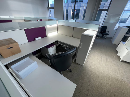 Load image into Gallery viewer, Picture of Herman miller canvas cubicle system with white and purple panels, ped, wardrobe and frosted glass
