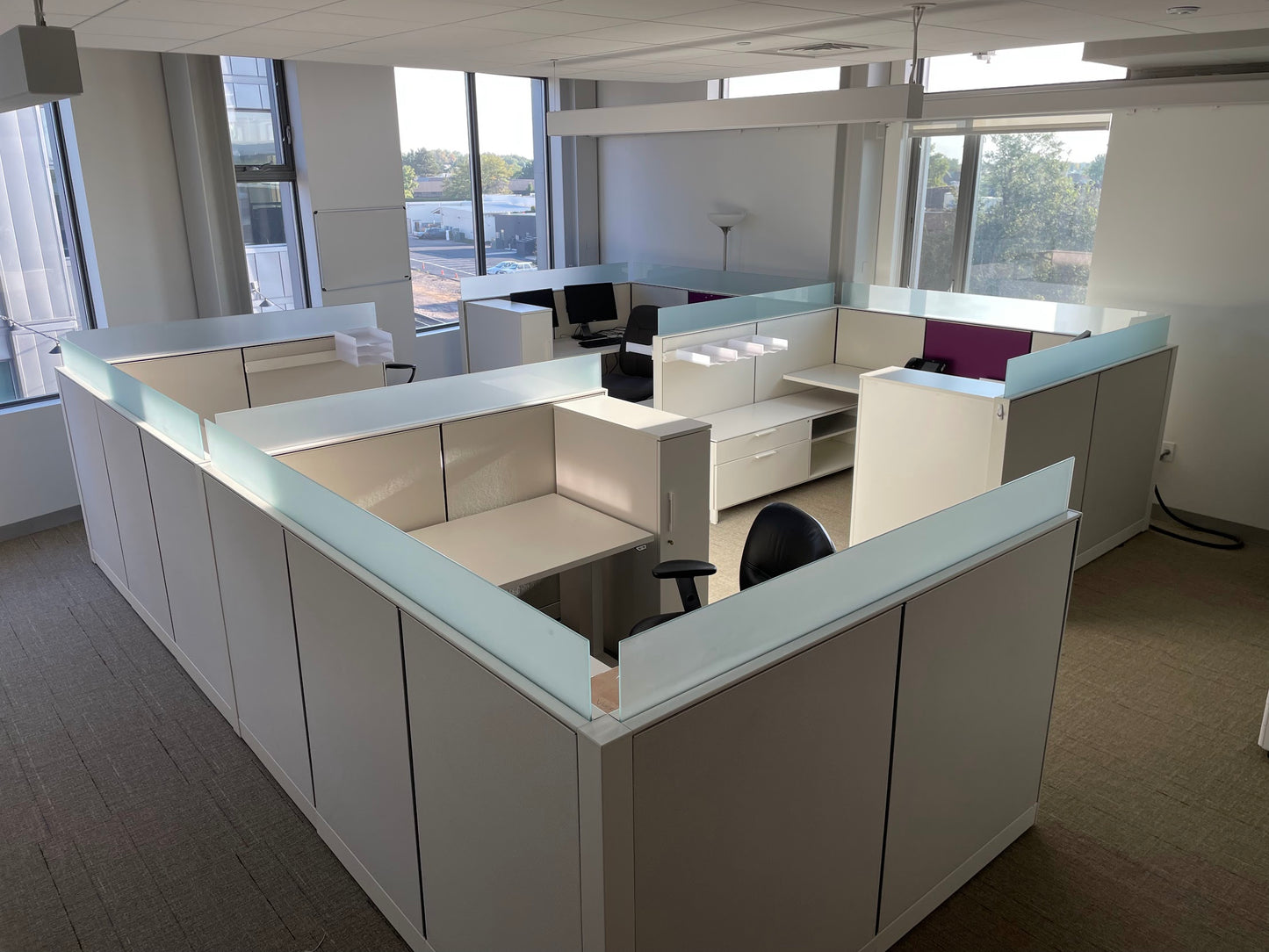 Picture of Herman miller canvas cubicle system with white and purple panels