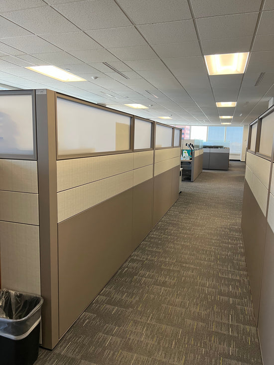 Haworth Compose workstations with tall glass panels